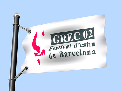 Representación rápida sobre bandera de la nueva marca Grec 2002, Festival d'Estiu de Barcelona.